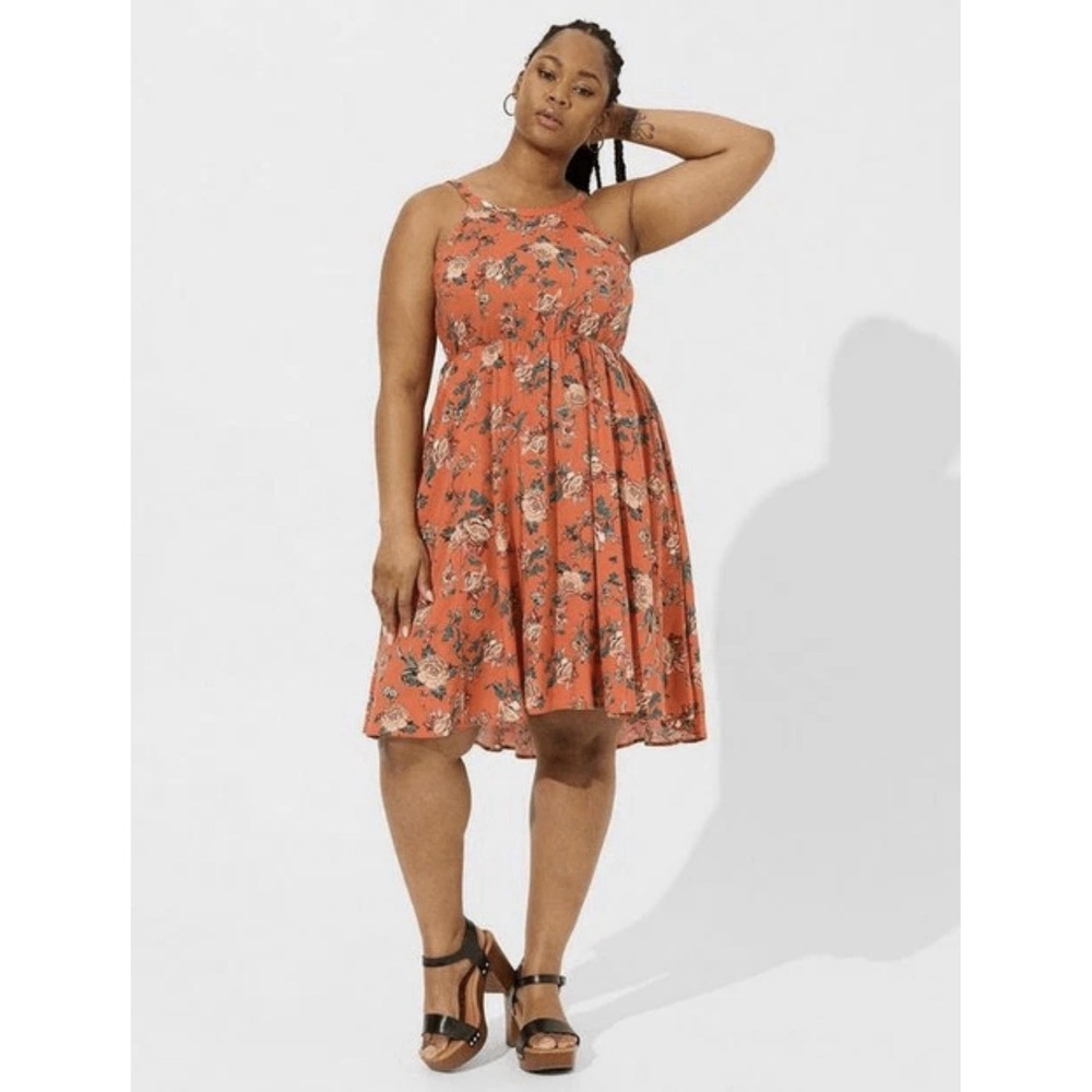 Torrid Midi Dress Size 0X A-line Deep Blooms Ginger Floral Orange Cotton Sun